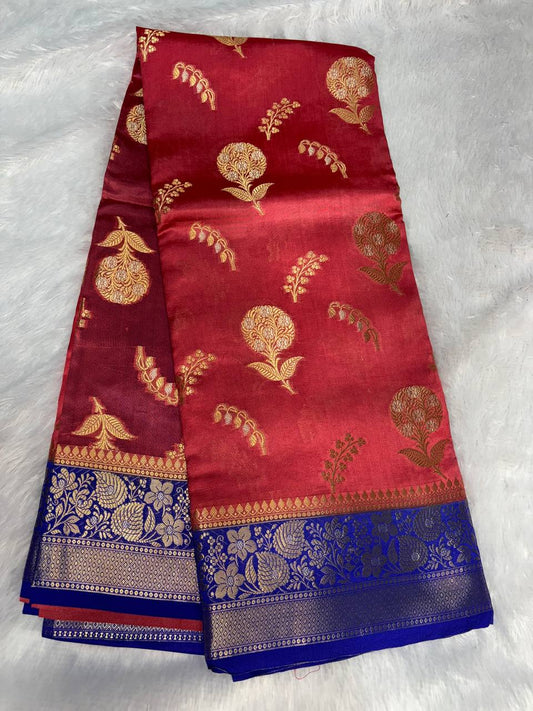 Classic Crimson Red & Royal Blue Banarasi Chiniya Silk Saree with Antique Gold Floral Buta