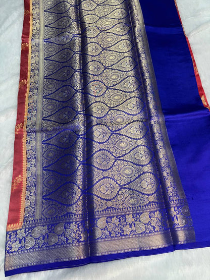 Classic Crimson Red & Royal Blue Banarasi Chiniya Silk Saree with Antique Gold Floral Buta