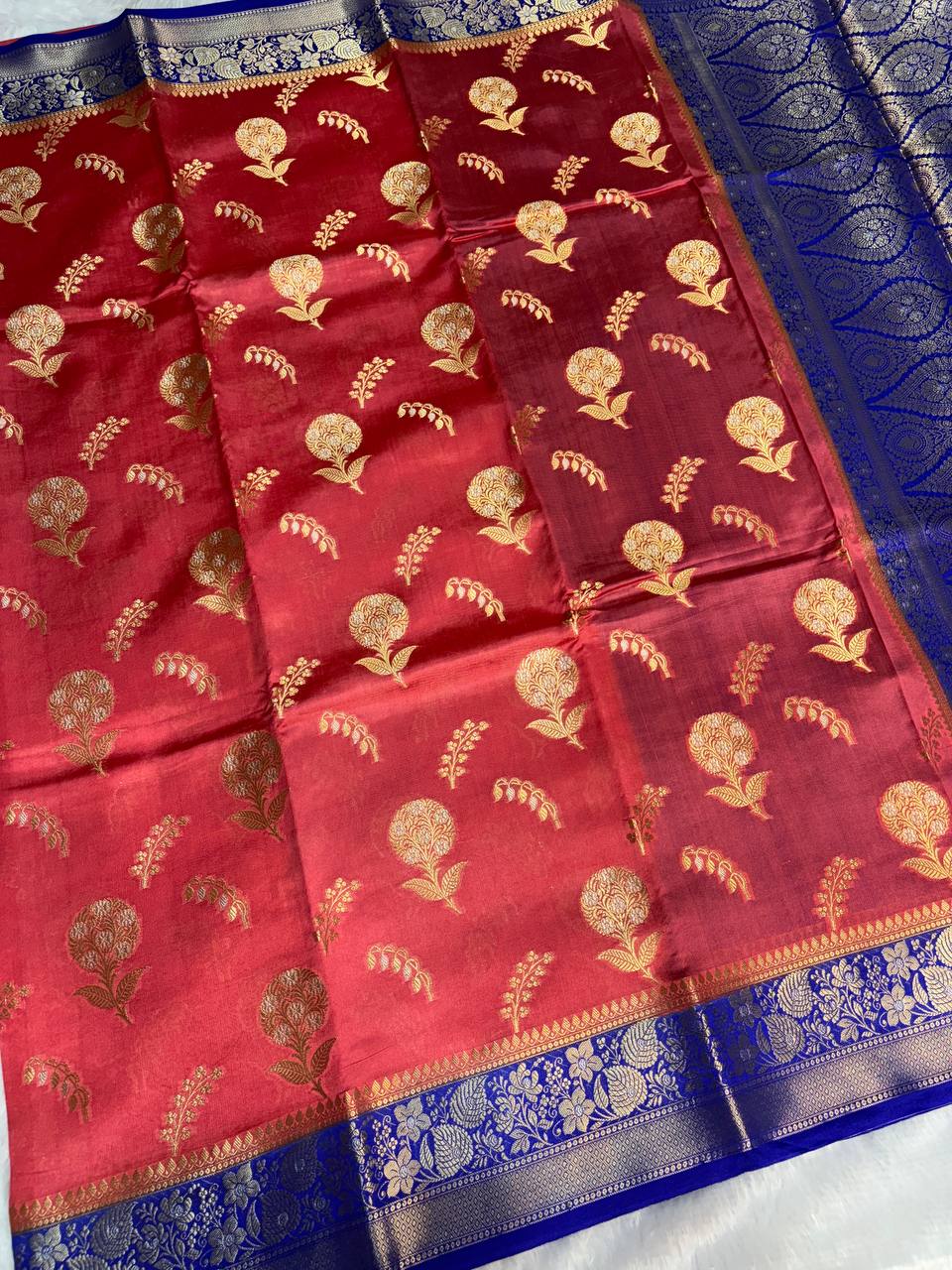 Classic Crimson Red & Royal Blue Banarasi Chiniya Silk Saree with Antique Gold Floral Buta