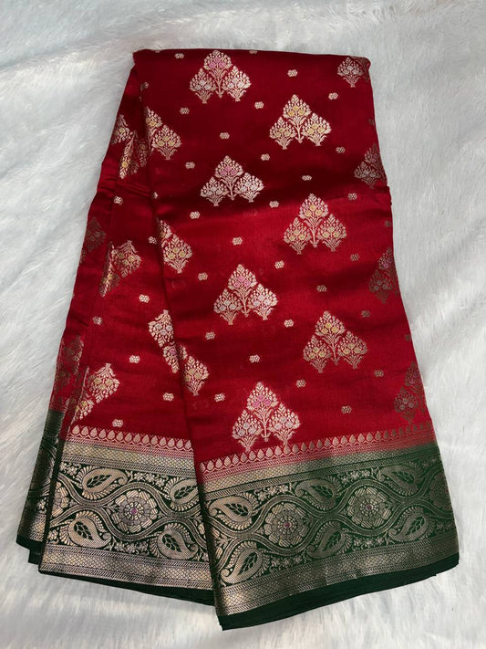 Classic Crimson Red & Bottle Green Banarasi Chiniya Silk Saree with Antique Gold Tree Motifs