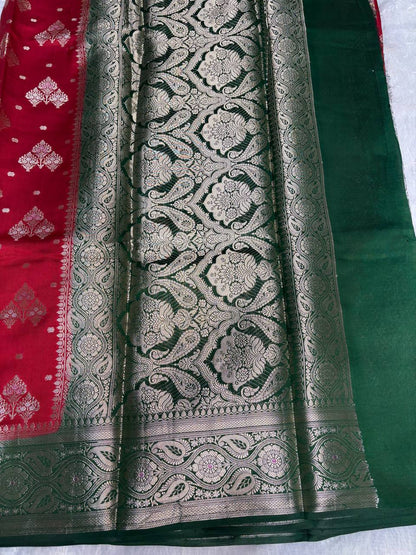 Classic Crimson Red & Bottle Green Banarasi Chiniya Silk Saree with Antique Gold Tree Motifs