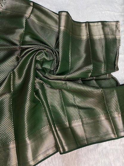 Classic Crimson Red & Bottle Green Banarasi Chiniya Silk Saree with Antique Gold Tree Motifs