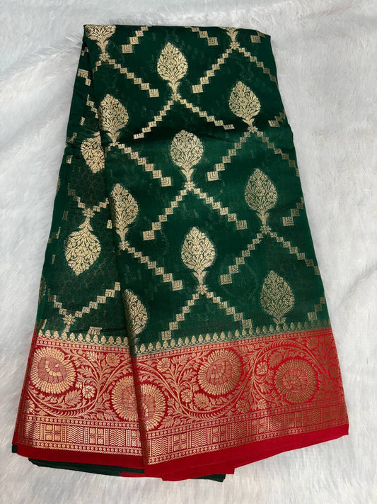 Regal Bottle Green & Crimson Red Banarasi Chiniya Silk Saree with Geometric Zari Jaal