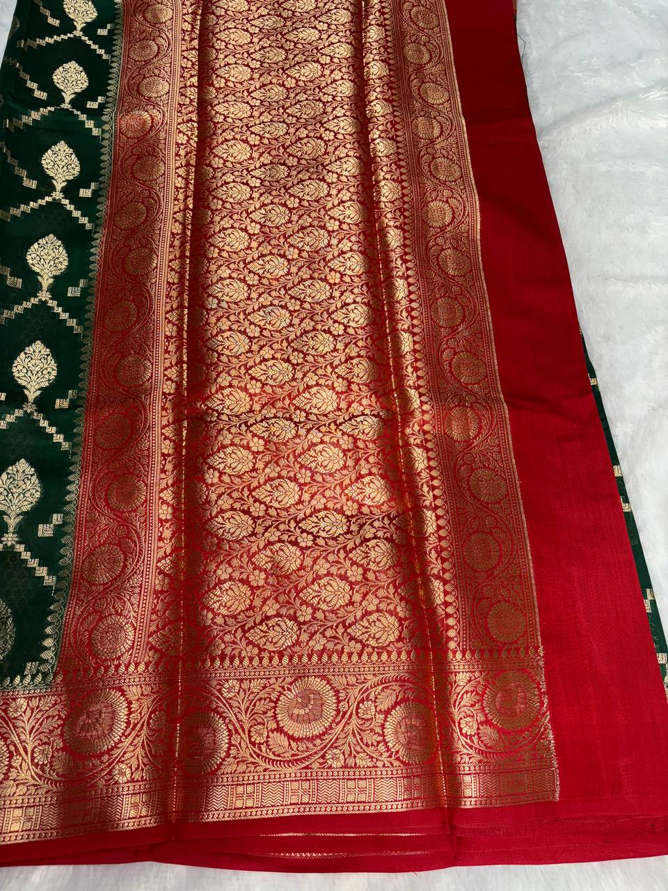 Regal Bottle Green & Crimson Red Banarasi Chiniya Silk Saree with Geometric Zari Jaal