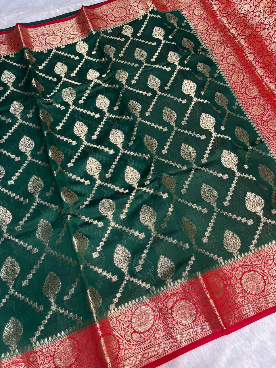 Regal Bottle Green & Crimson Red Banarasi Chiniya Silk Saree with Geometric Zari Jaal