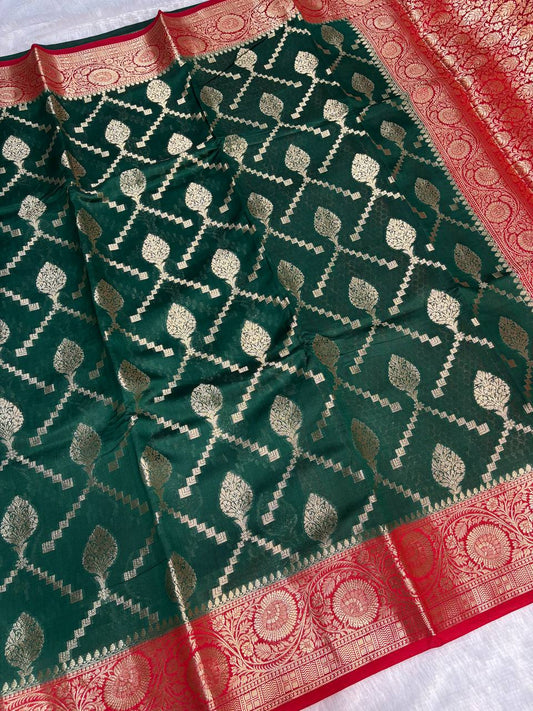 Regal Bottle Green & Crimson Red Banarasi Chiniya Silk Saree with Geometric Zari Jaal