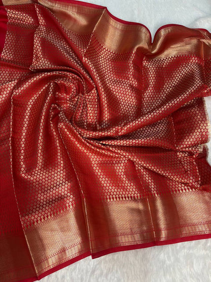 Regal Bottle Green & Crimson Red Banarasi Chiniya Silk Saree with Geometric Zari Jaal
