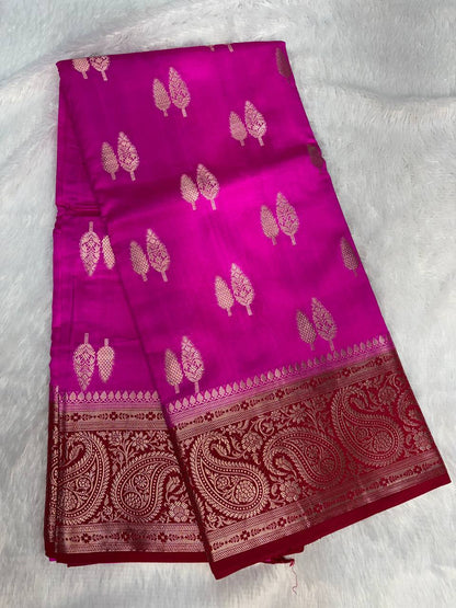 Vibrant Magenta & Crimson Red Banarasi Chiniya Silk Saree with Antique Gold Tree Motifs