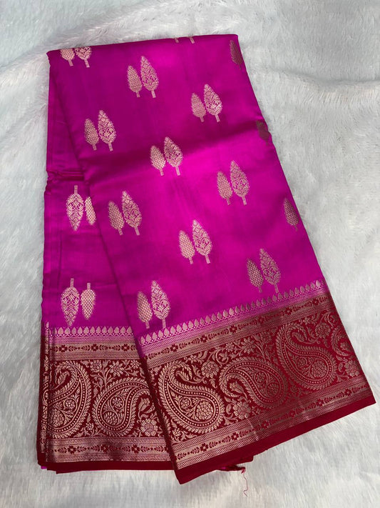 Vibrant Magenta & Crimson Red Banarasi Chiniya Silk Saree with Antique Gold Tree Motifs