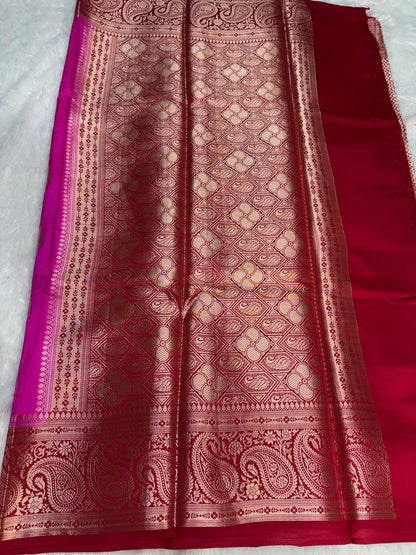 Vibrant Magenta & Crimson Red Banarasi Chiniya Silk Saree with Antique Gold Tree Motifs