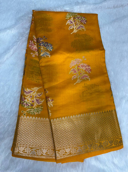 Radiant Mustard Yellow Banarasi Chiniya Silk Saree with Meenakari Floral Buta