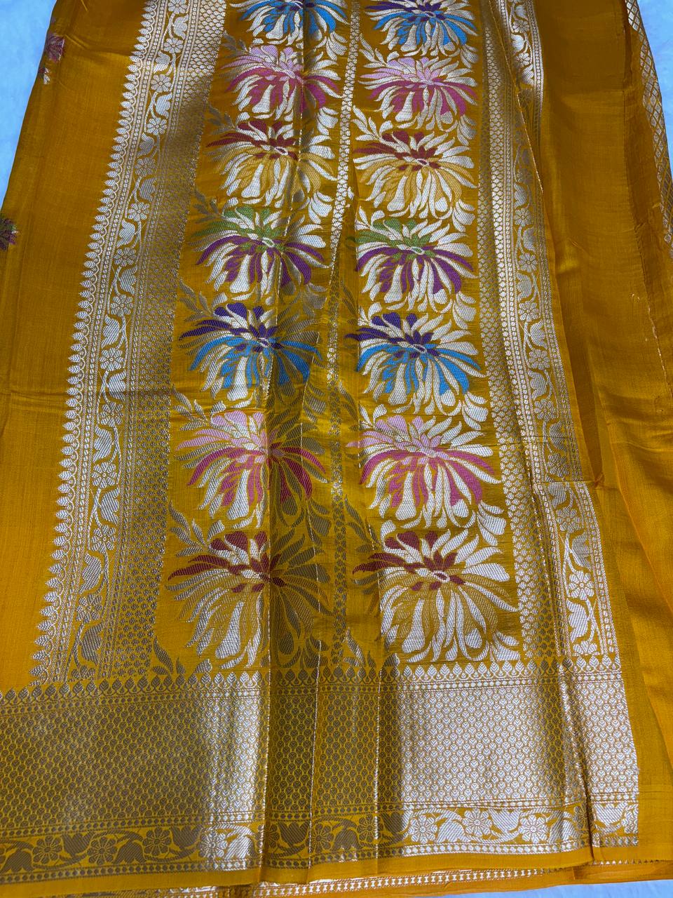 Radiant Mustard Yellow Banarasi Chiniya Silk Saree with Meenakari Floral Buta