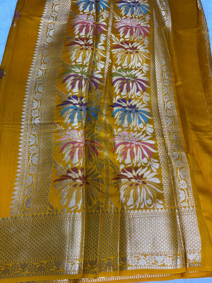 Radiant Mustard Yellow Banarasi Chiniya Silk Saree with Meenakari Floral Buta