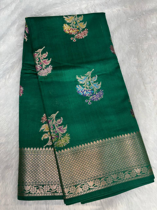 Elegant Bottle Green Banarasi Chiniya Silk Saree with Meenakari Floral Buta