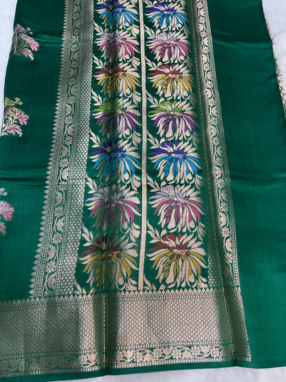 Elegant Bottle Green Banarasi Chiniya Silk Saree with Meenakari Floral Buta