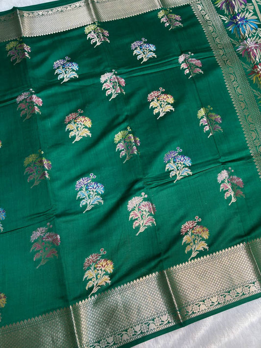 Elegant Bottle Green Banarasi Chiniya Silk Saree with Meenakari Floral Buta