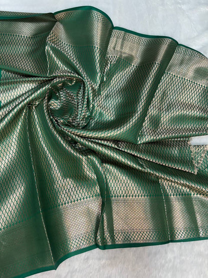 Elegant Bottle Green Banarasi Chiniya Silk Saree with Meenakari Floral Buta