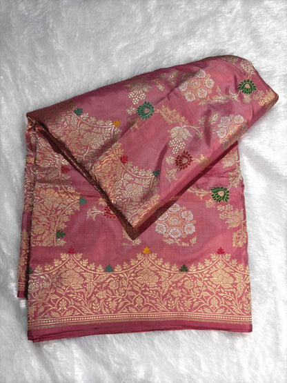Exquisite Onion Pink Pure Katan Silk Kadhua Jungla Banarasi Saree