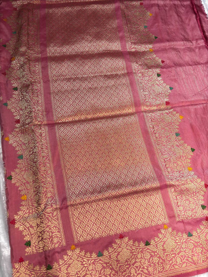 Exquisite Onion Pink Pure Katan Silk Kadhua Jungla Banarasi Saree
