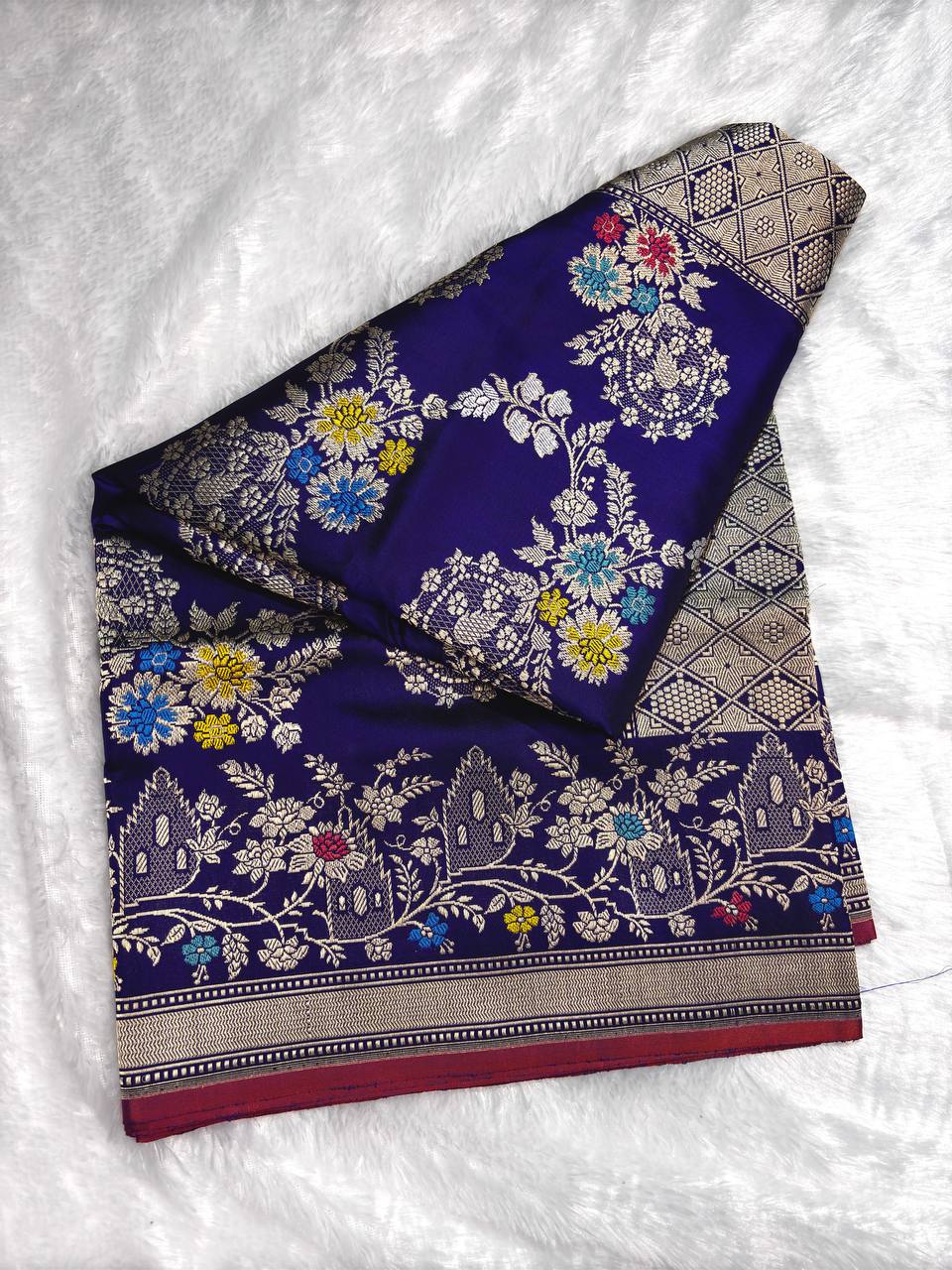 Royal Blue Katan Silk Kadhwa Jungla Banarasi Saree with Multi-Color Meenakari