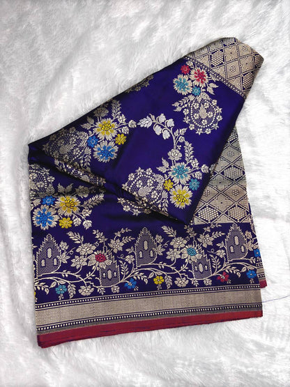 Royal Blue Katan Silk Kadhwa Jungla Banarasi Saree with Multi-Color Meenakari