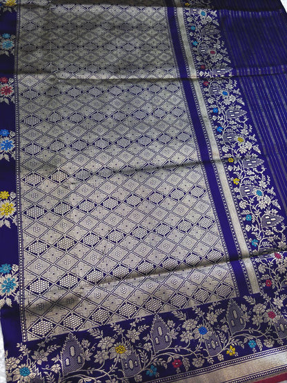 Royal Blue Katan Silk Kadhwa Jungla Banarasi Saree with Multi-Color Meenakari