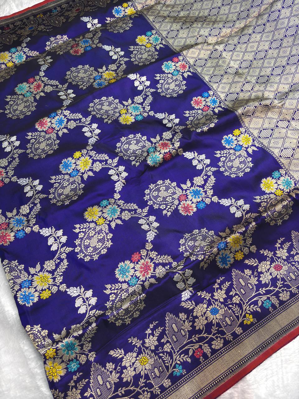 Royal Blue Katan Silk Kadhwa Jungla Banarasi Saree with Multi-Color Meenakari