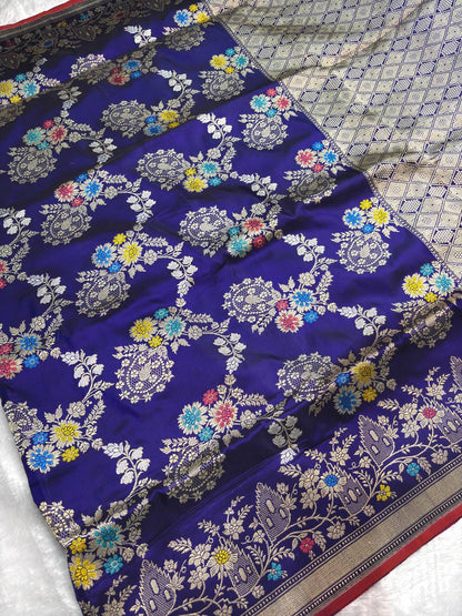 Royal Blue Katan Silk Kadhwa Jungla Banarasi Saree with Multi-Color Meenakari