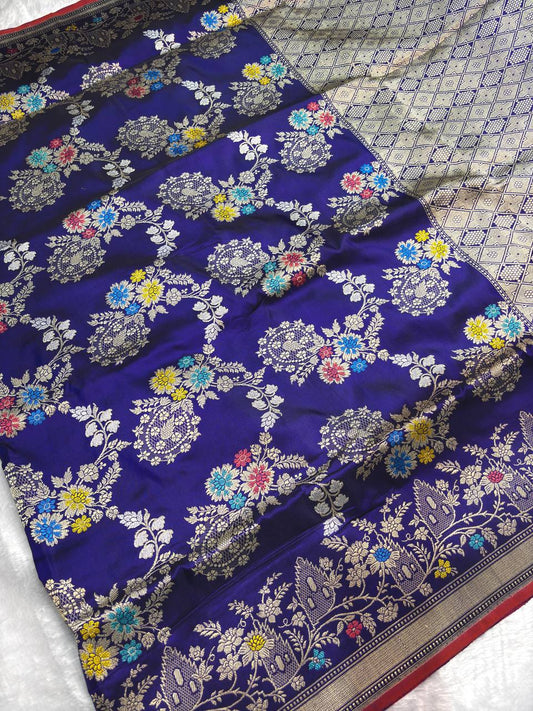 Royal Blue Katan Silk Kadhwa Jungla Banarasi Saree with Multi-Color Meenakari