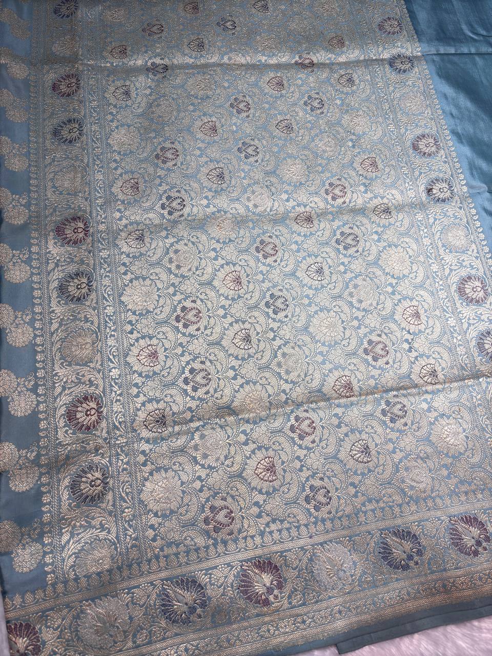 Pastel Sea Green Pure Katan Silk Kadhua Buta Banarasi Saree