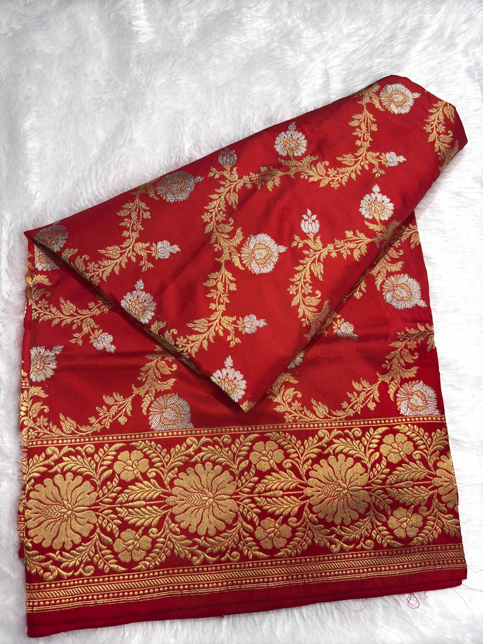 Bridal Red Pure Katan Silk Kadhua Jungla Banarasi Saree