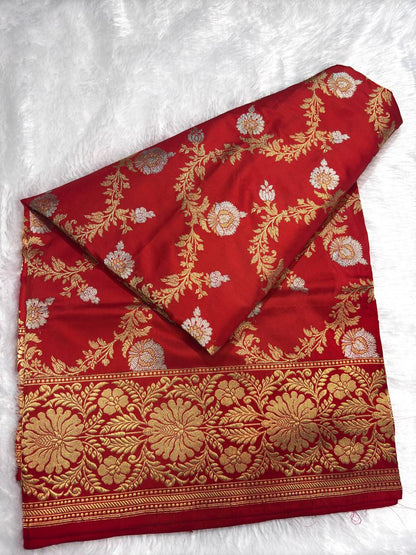 Bridal Red Pure Katan Silk Kadhua Jungla Banarasi Saree