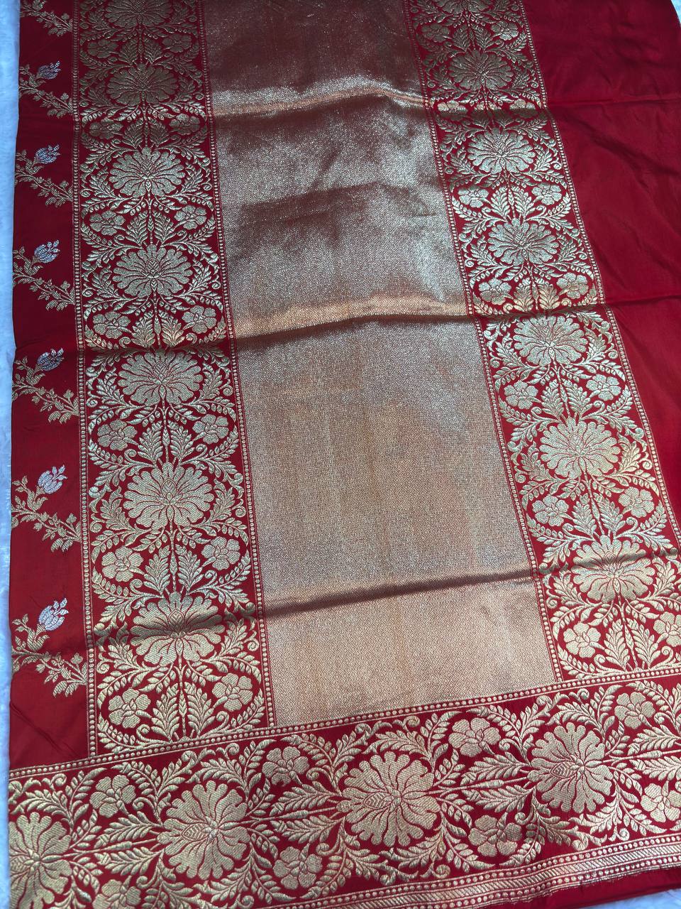 Bridal Red Pure Katan Silk Kadhua Jungla Banarasi Saree