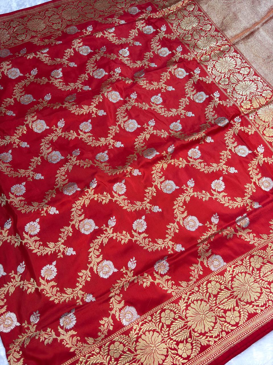 Bridal Red Pure Katan Silk Kadhua Jungla Banarasi Saree