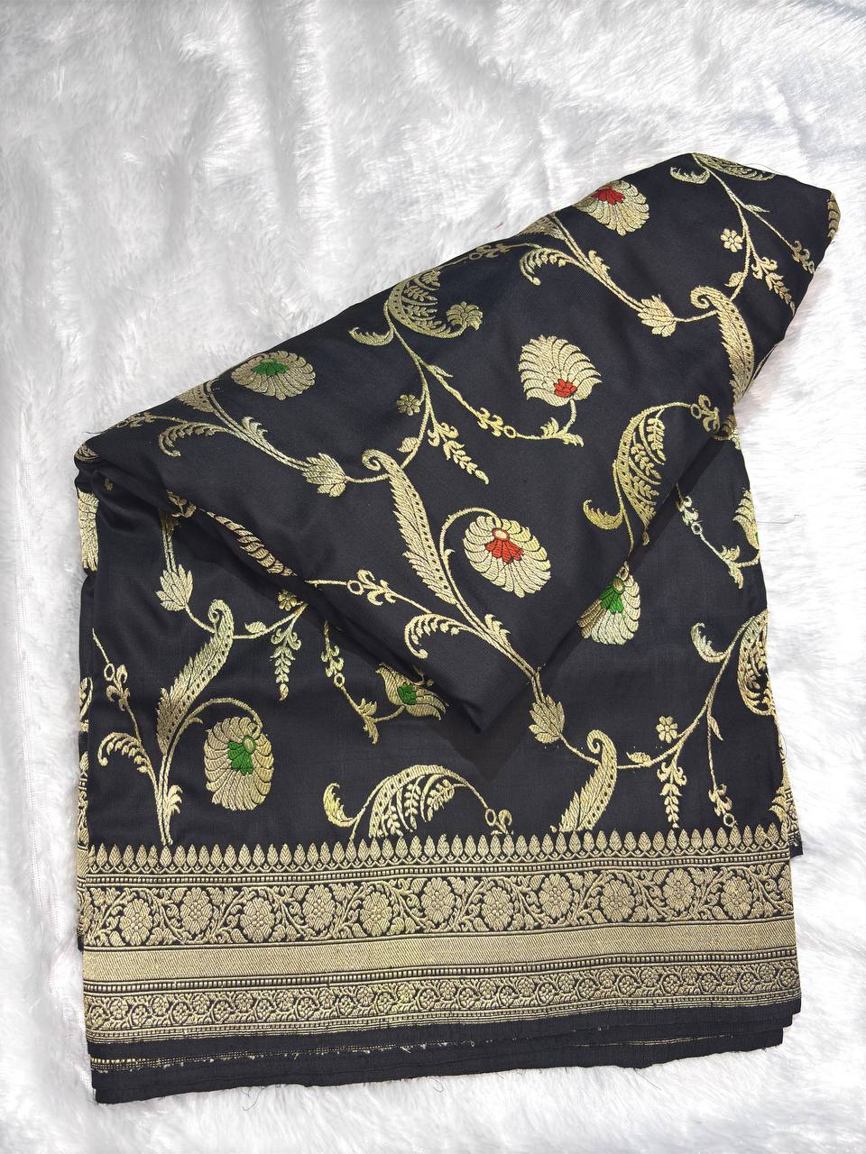 Grand Black Pure Katan Silk Kadhua Jungla Banarasi Saree