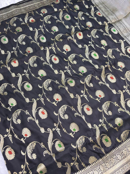 Grand Black Pure Katan Silk Kadhua Jungla Banarasi Saree