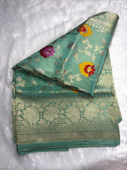 Refreshing Sea Green Pure Katan Silk Kadhua Jungla Banarasi Saree