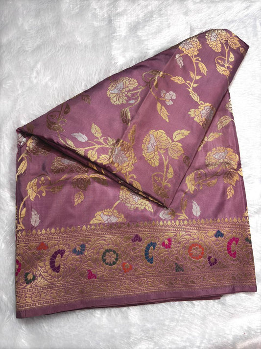 Lavender Pink Pure Katan Silk Kadhua Jungla Banarasi Saree
