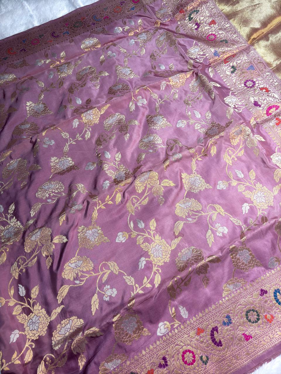Lavender Pink Pure Katan Silk Kadhua Jungla Banarasi Saree