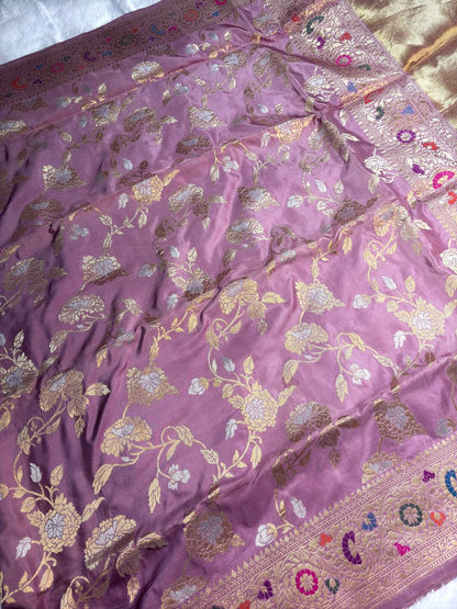 Lavender Pink Pure Katan Silk Kadhua Jungla Banarasi Saree