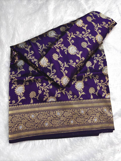 Royal Purple Pure Katan Silk Kadhua Jungla Banarasi Saree
