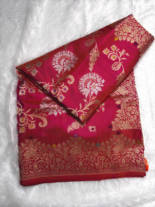 Rani Pink Pure Katan Silk Kadhua Jungla Banarasi Saree