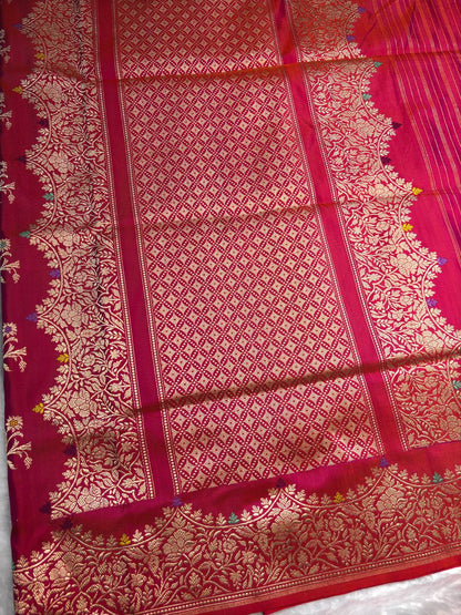 Rani Pink Pure Katan Silk Kadhua Jungla Banarasi Saree