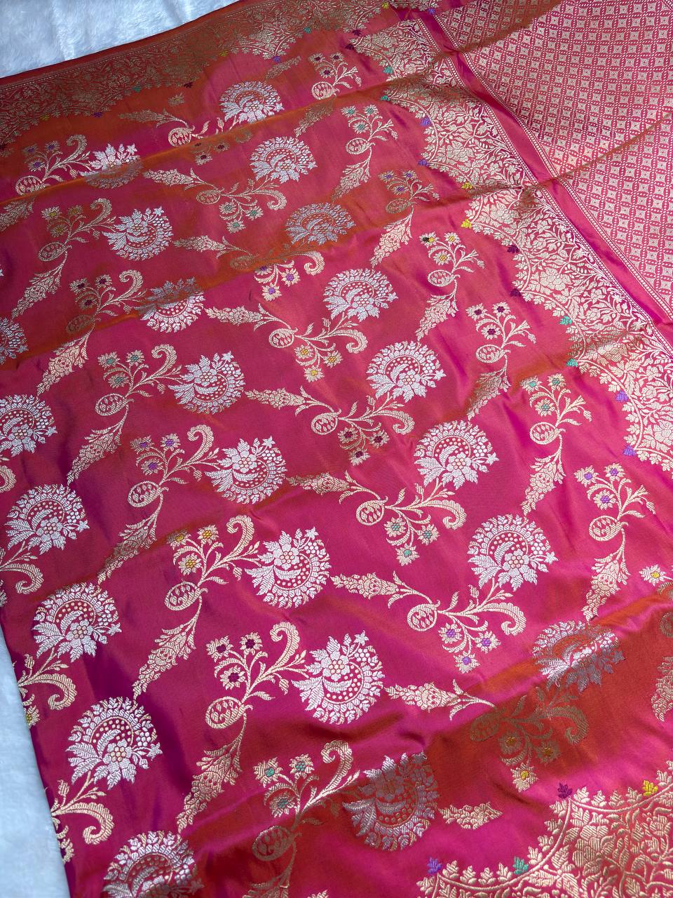 Rani Pink Pure Katan Silk Kadhua Jungla Banarasi Saree