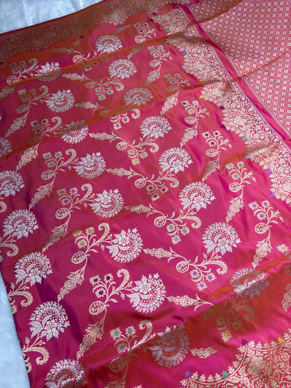 Rani Pink Pure Katan Silk Kadhua Jungla Banarasi Saree