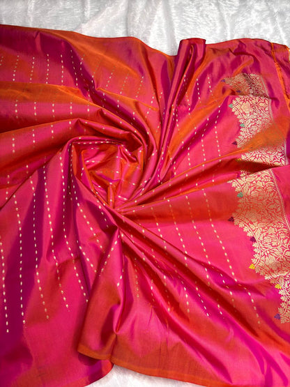 Rani Pink Pure Katan Silk Kadhua Jungla Banarasi Saree
