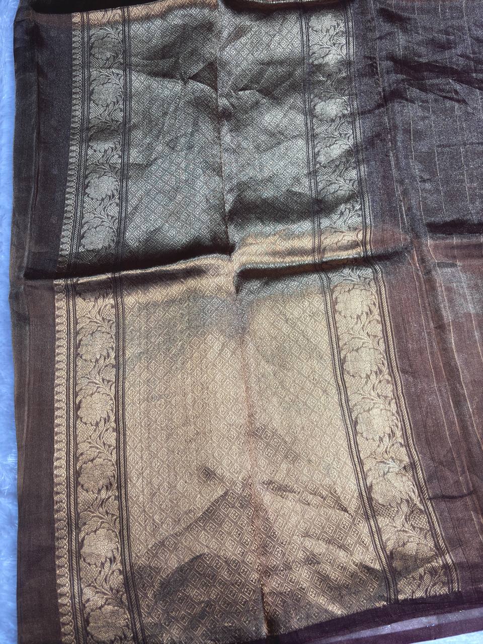 Antique Bronze Kora Tissue Banarasi Silk Saree with Kadhua Buti