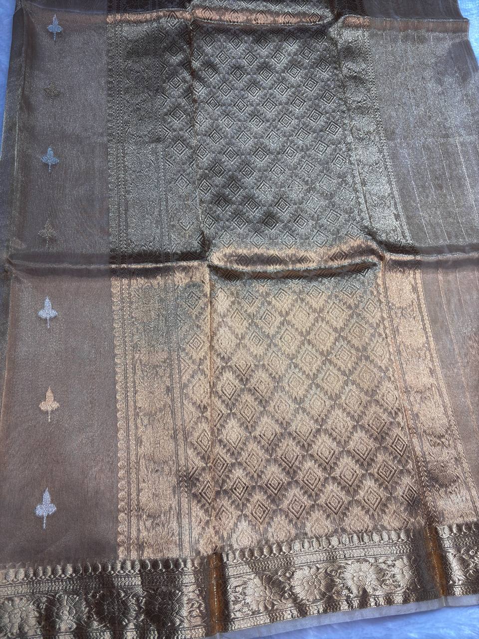 Champagne Gold Kora Tissue Banarasi Silk Saree with Kadhua Leaf Butis