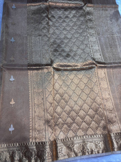 Champagne Gold Kora Tissue Banarasi Silk Saree with Kadhua Leaf Butis