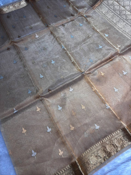 Champagne Gold Kora Tissue Banarasi Silk Saree with Kadhua Leaf Butis